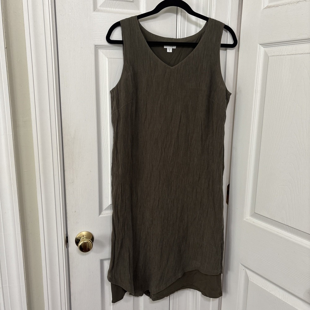 Pure Jill J. Jill Olive Green Crinkle Sheath Dress Asymmetrical Midi M Tall